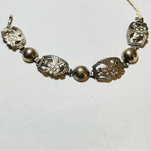 Vintage Sterling Silver Floral Panel Bracelet Pansies SS 7” Flower Power